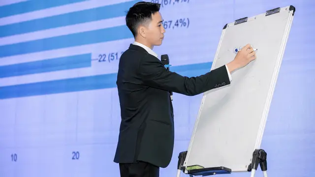 Lê Duy Hiệp phân tích số liệu quảng cáo trên bảng trắng